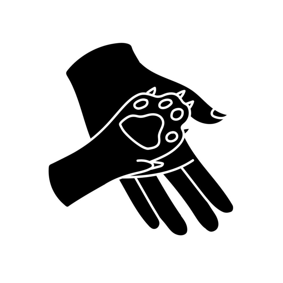 Animal care icon Dog paw and human palm black hand drawn icon vector