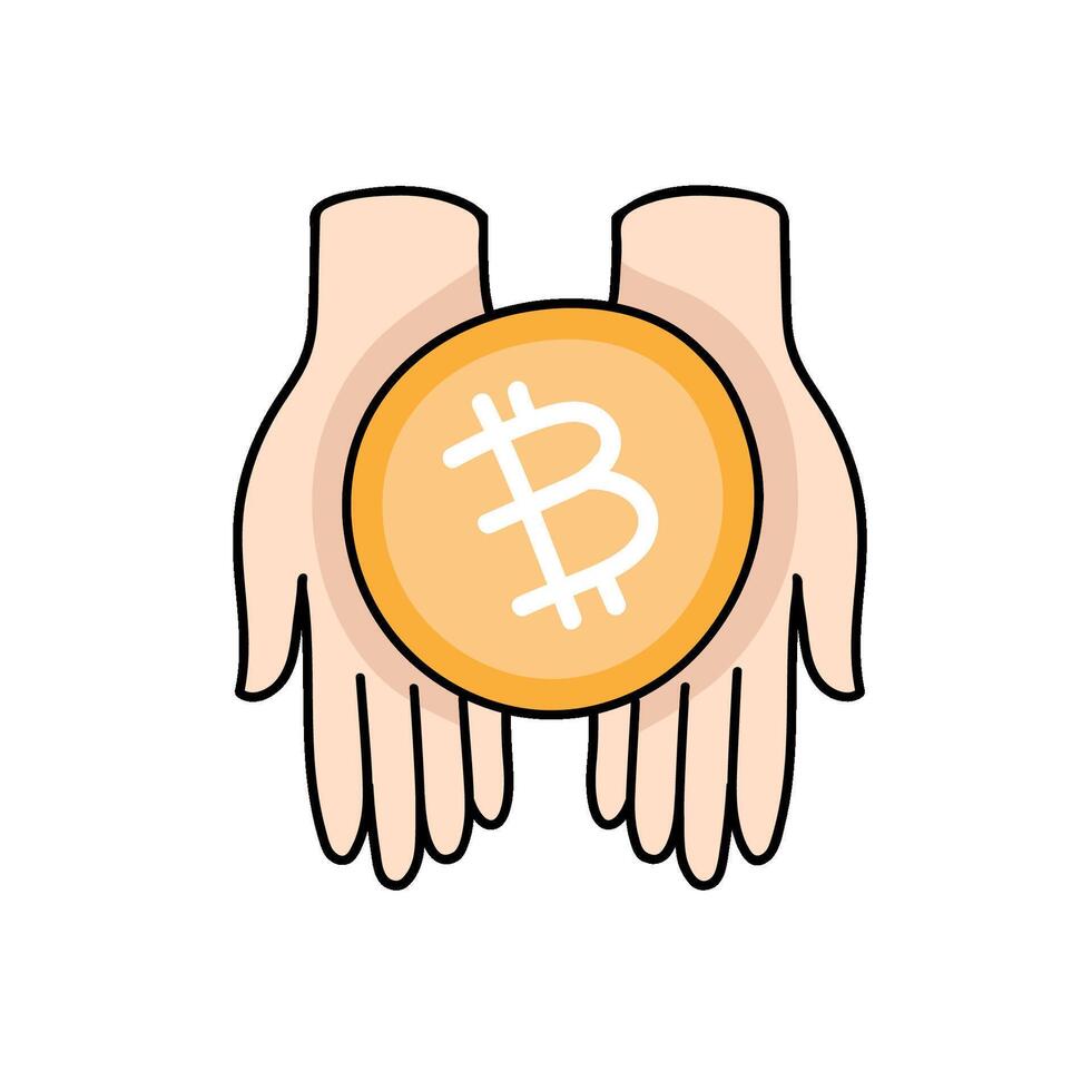 hand holding bitcoin cryptocurerency hand drawn color illustration vector