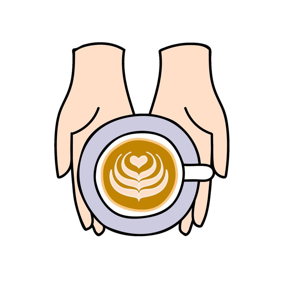 hand holding latte art coffee cup hand drawn color illustration vector