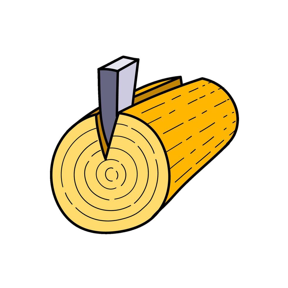 wood timber log splitting wedge hand drawn color illustration vector