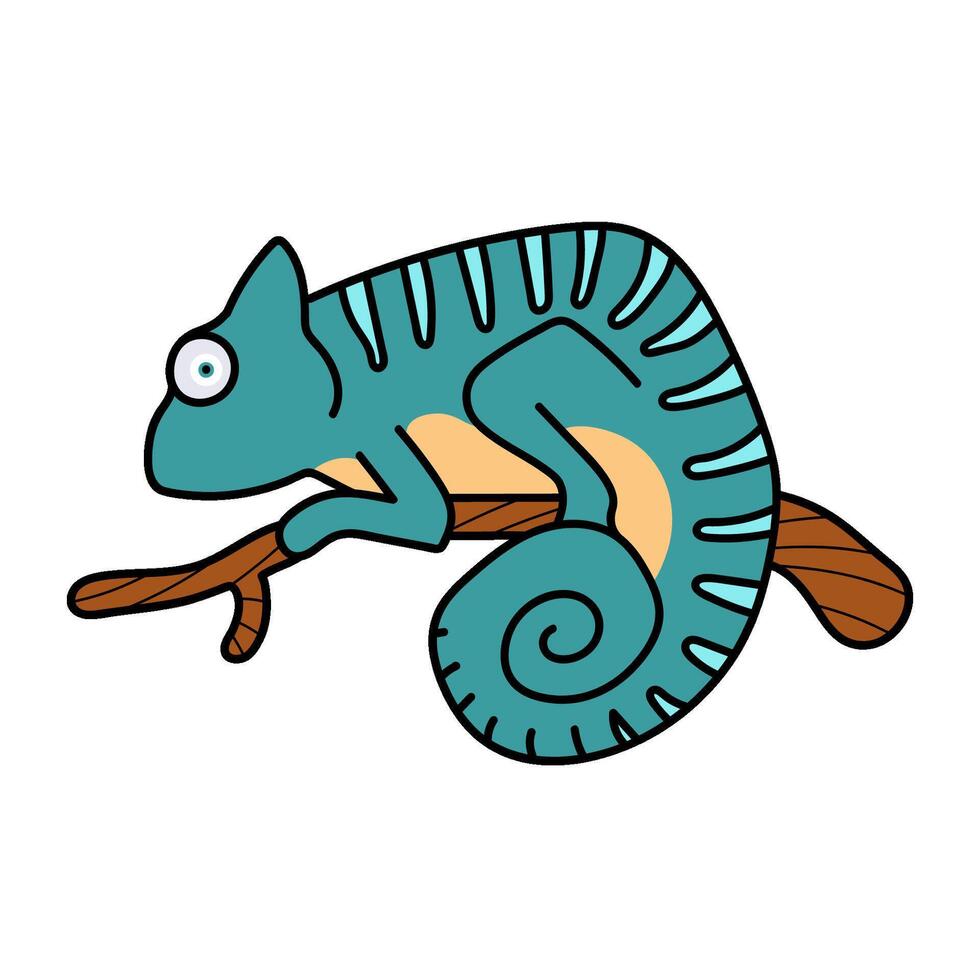 chameleon on tree branch hand drawn color illustration vector