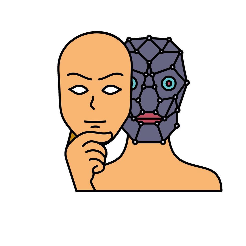deep fake concept robot wearing human face mask hand drawn color illustration vector