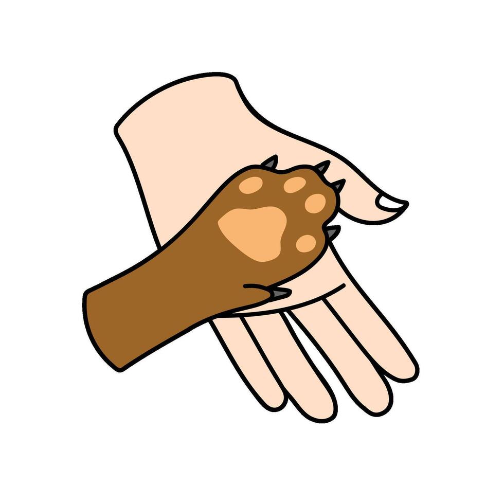 animal care dog paw and human palm hand drawn color illustration vector