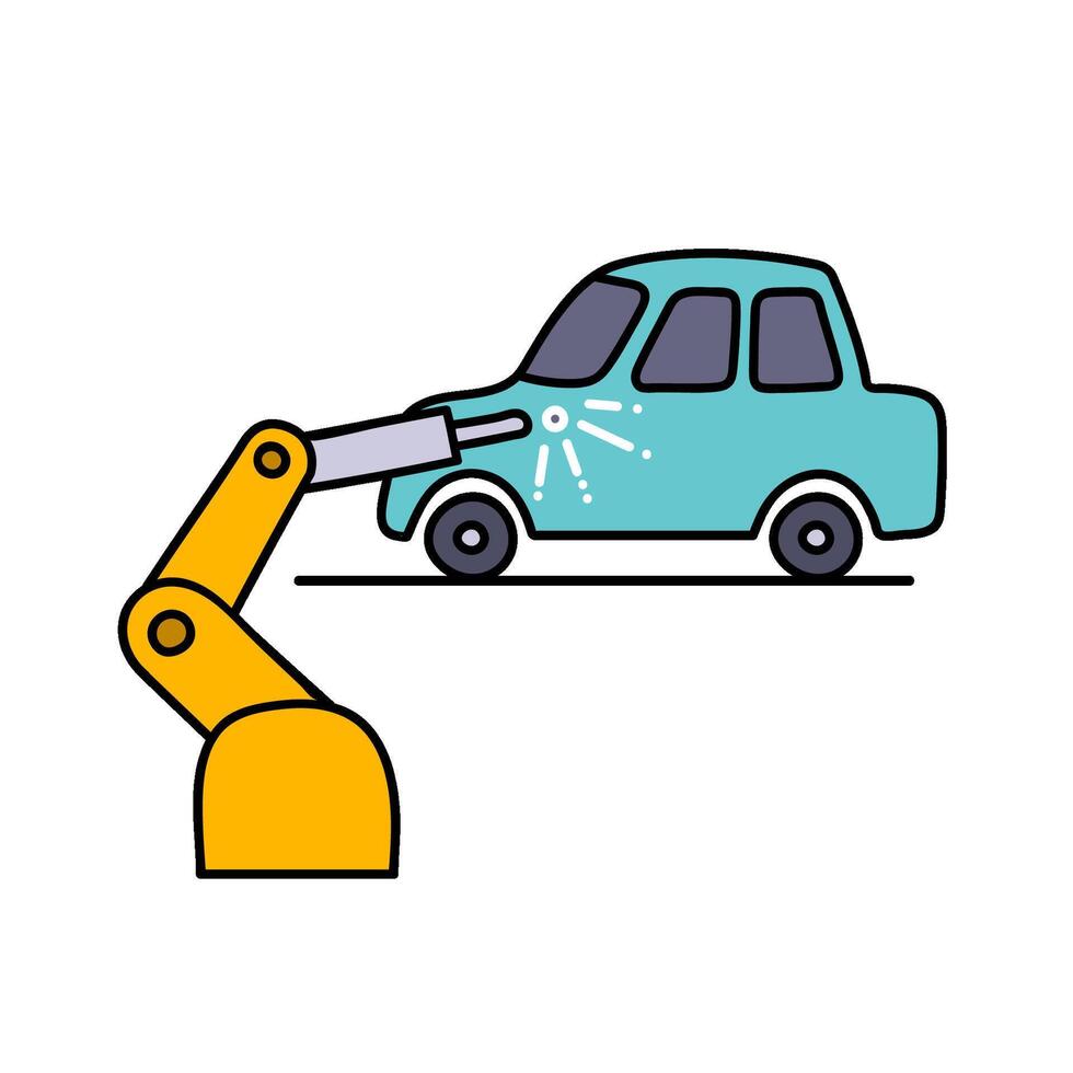 robotic car manufacturing hand drawn color illustration vector