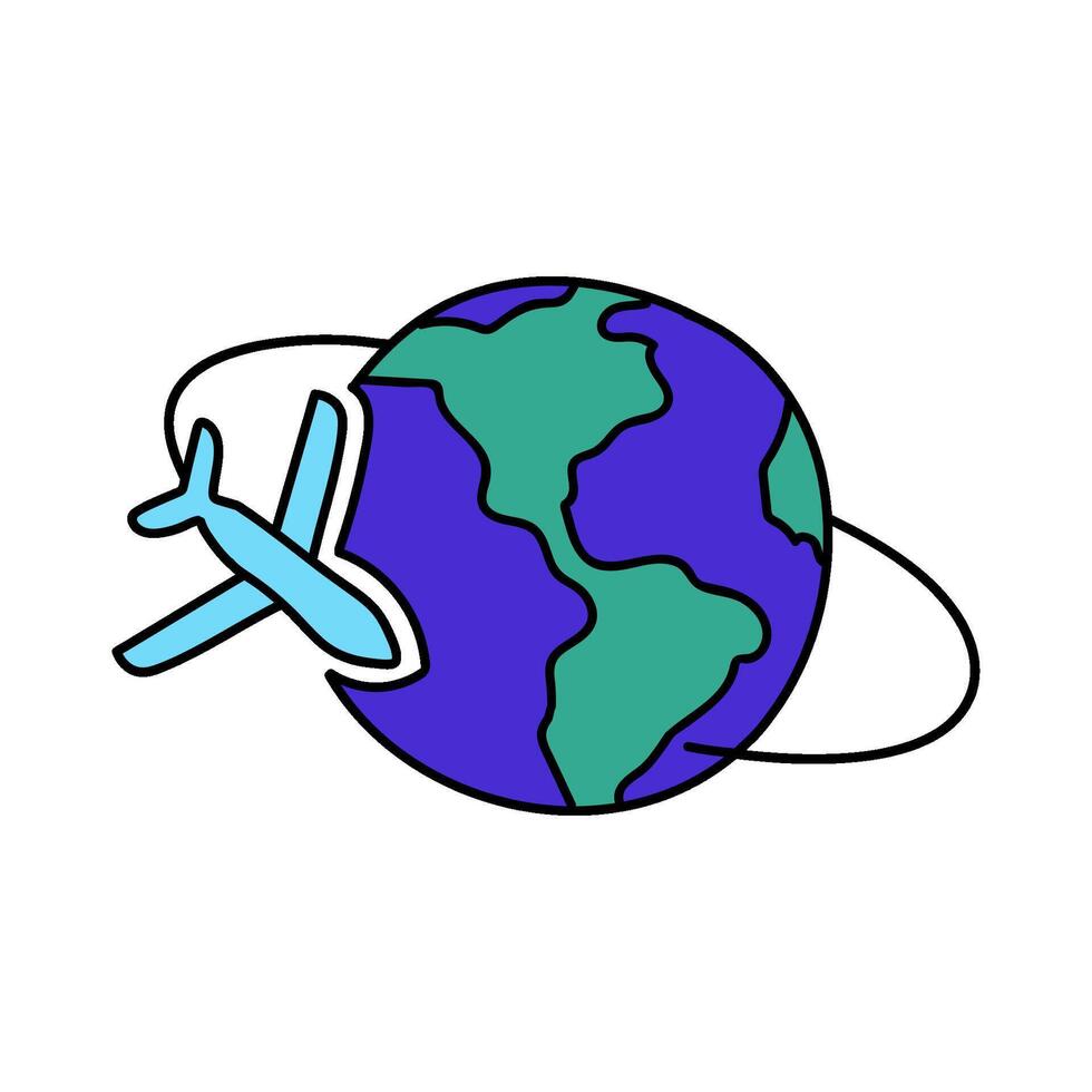 airplane orbiting earth hand drawn color illustration vector
