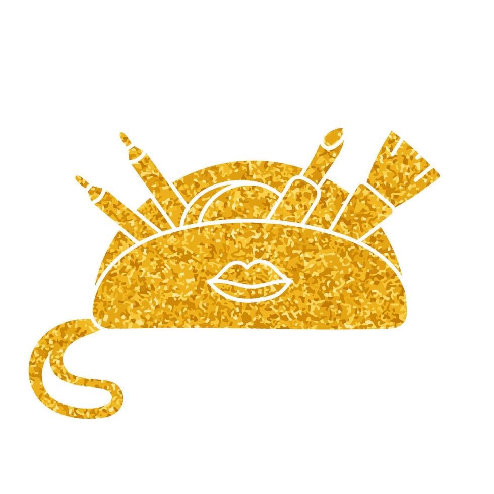 Travel make up kit bag drawing in gold color style vector