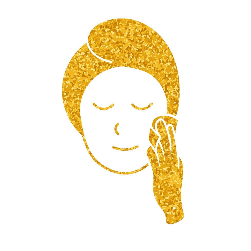 Woman applying facial treatment product drawing in gold color style vector