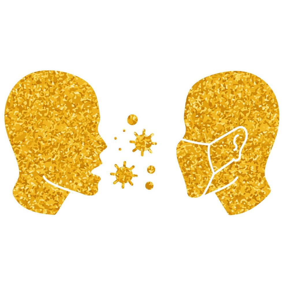 Masked man and sick man icon face mask protection drawing in gold color style vector