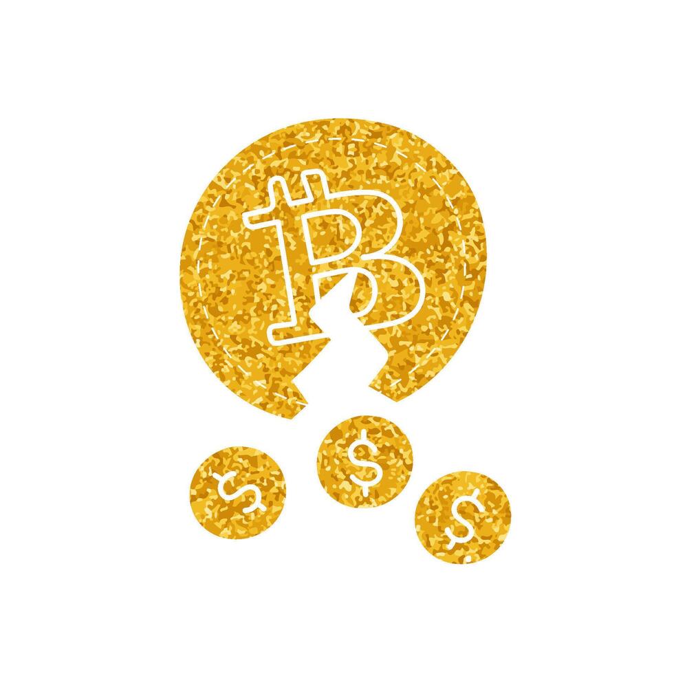 Bitcoin cryptocurrency coin and dollar drawing in gold color style vector