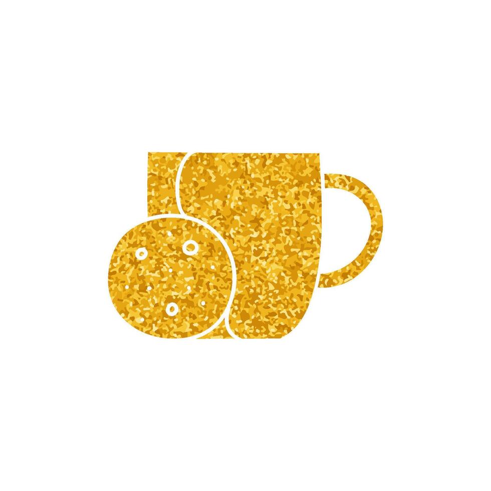 Drinking cup and a biscuit drawing in gold color style vector