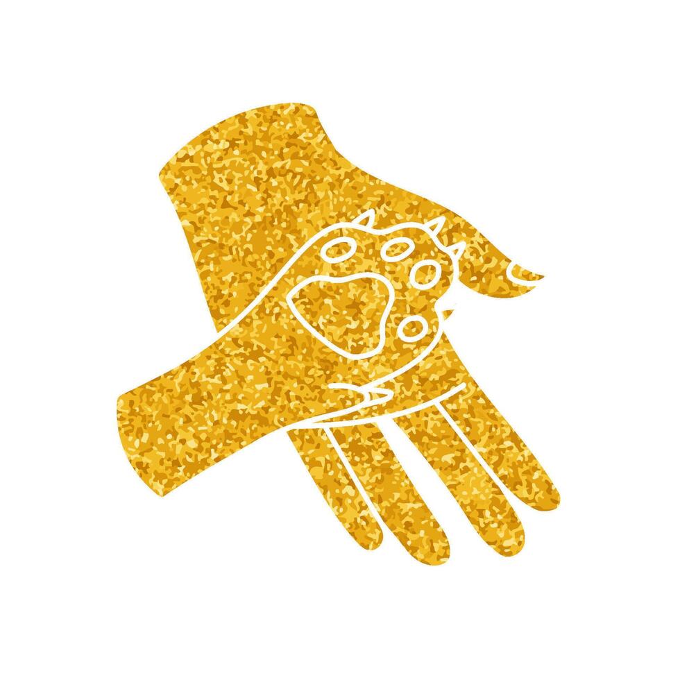 Animal care icon Dog paw and human palm drawing in gold color style vector