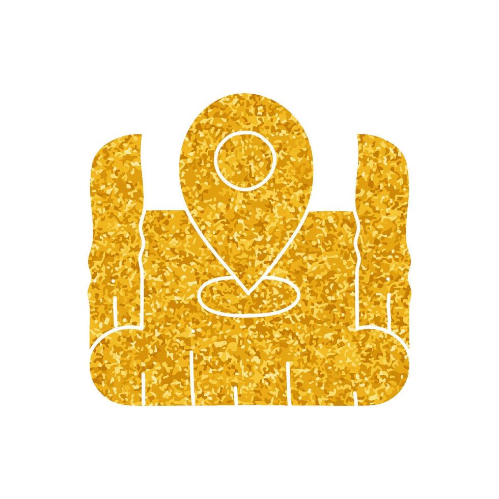 drawing in gold color style map pin on curled paper icon vector