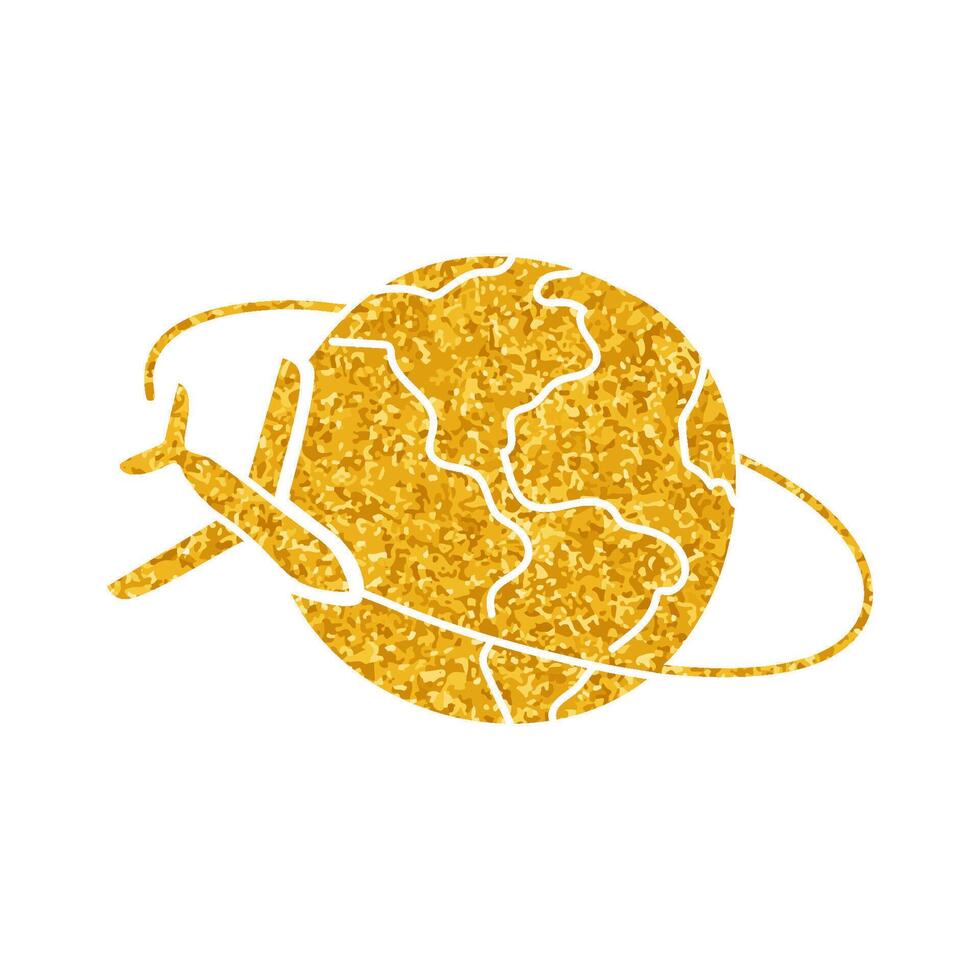 Airplane orbiting earth drawing in gold color style vector