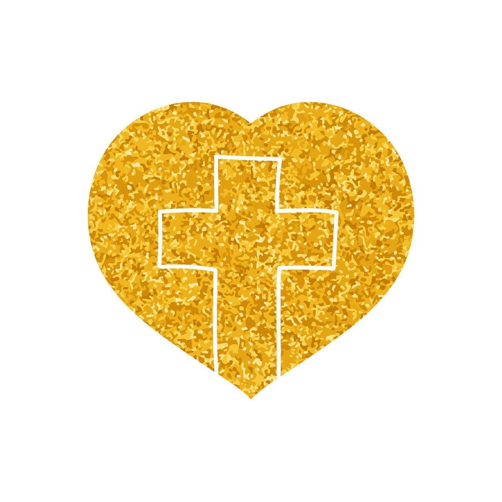Christian cross inside heart shape drawing in gold color style vector