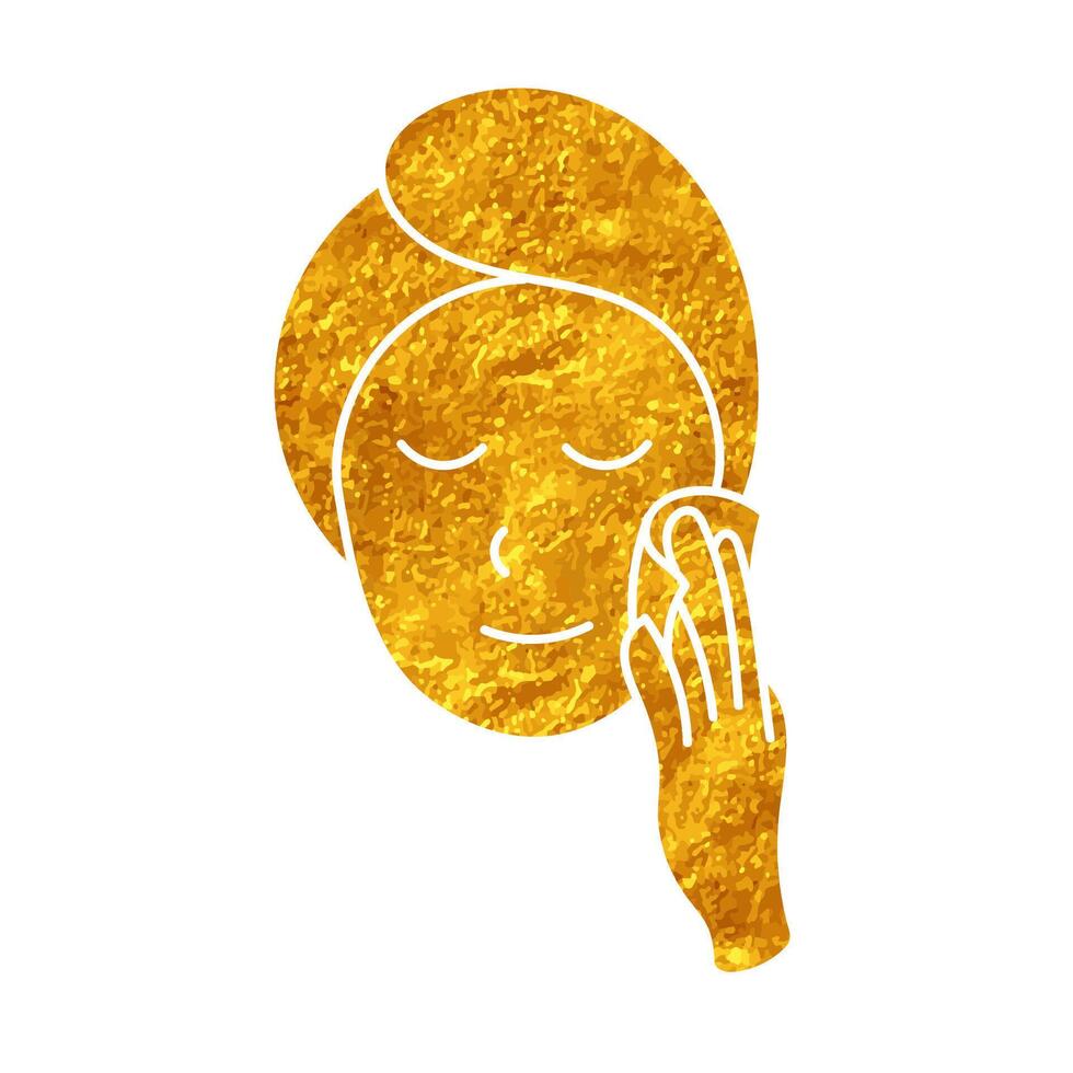 Woman applying facial treatment product drawing in realistic gold color style vector