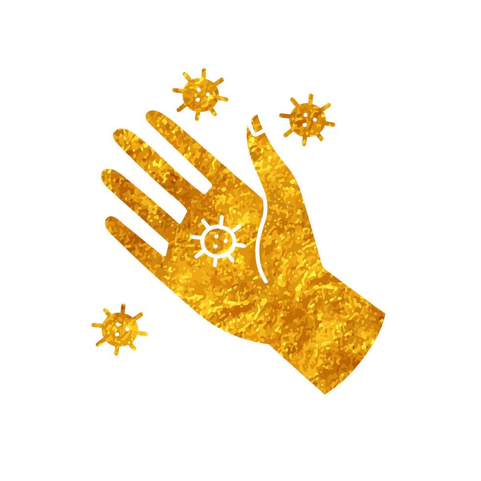Viruses on human hand palm drawing in realistic gold color style vector