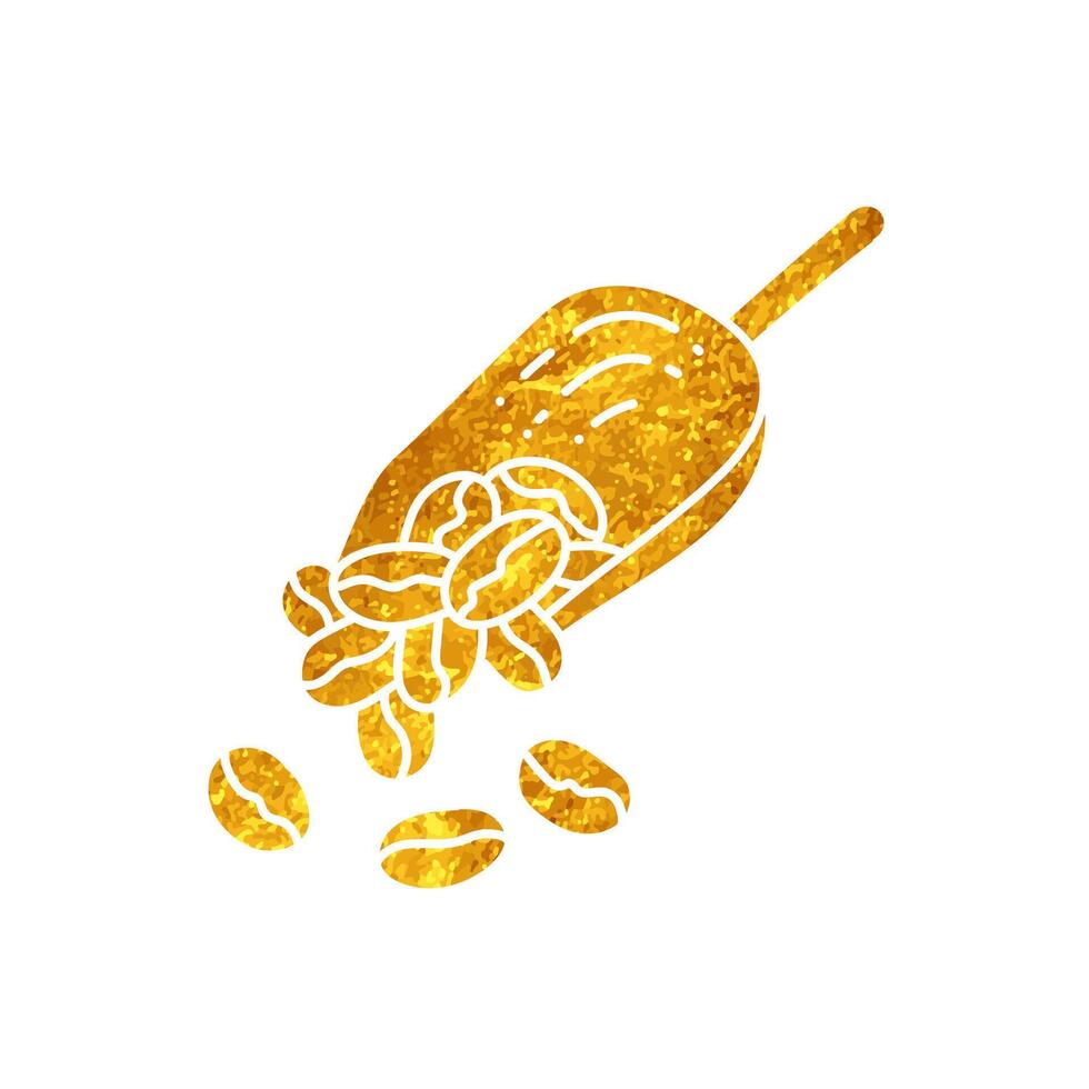 Coffee bean and scoop drawing in realistic gold color style vector
