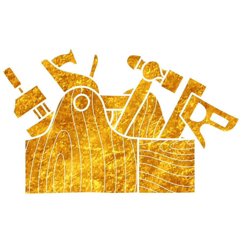 Tools in wooden toolbox drawing in realistic gold color style vector