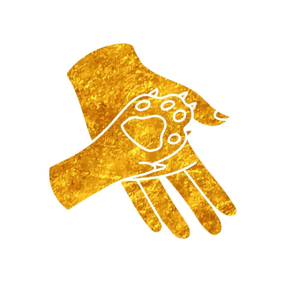 Animal care icon Dog paw and human palm drawing in realistic gold color style vector