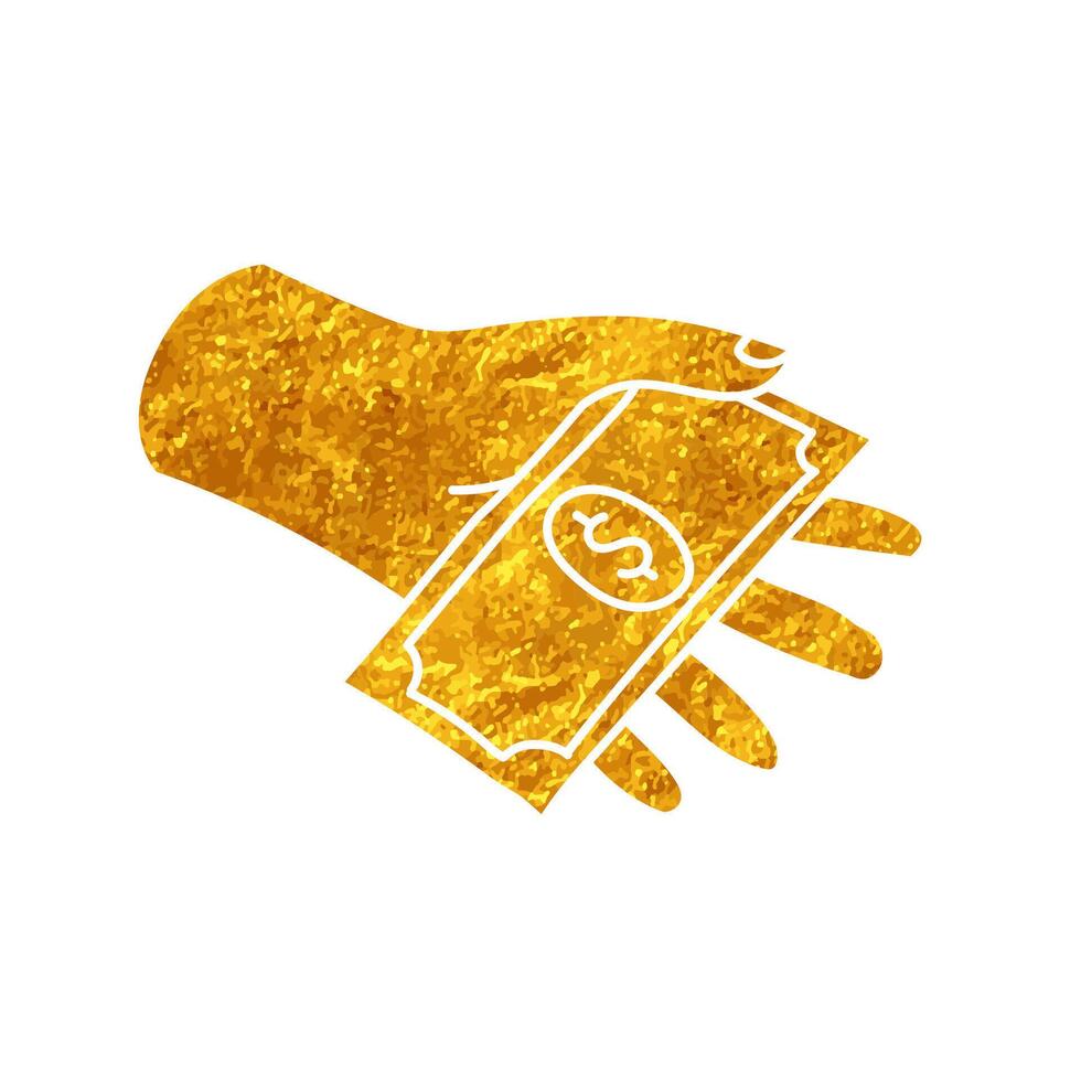 Hand holding money drawing in realistic gold color style vector