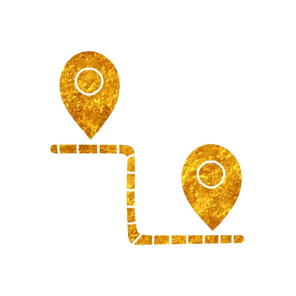 drawing in realistic gold color style map pin route icon with thick dashed line vector
