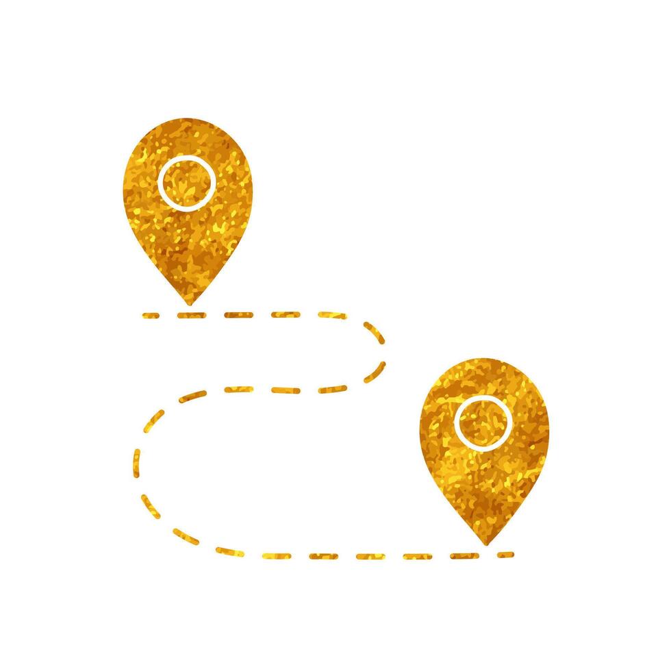 drawing in realistic gold color style map pin with dashed curve line vector