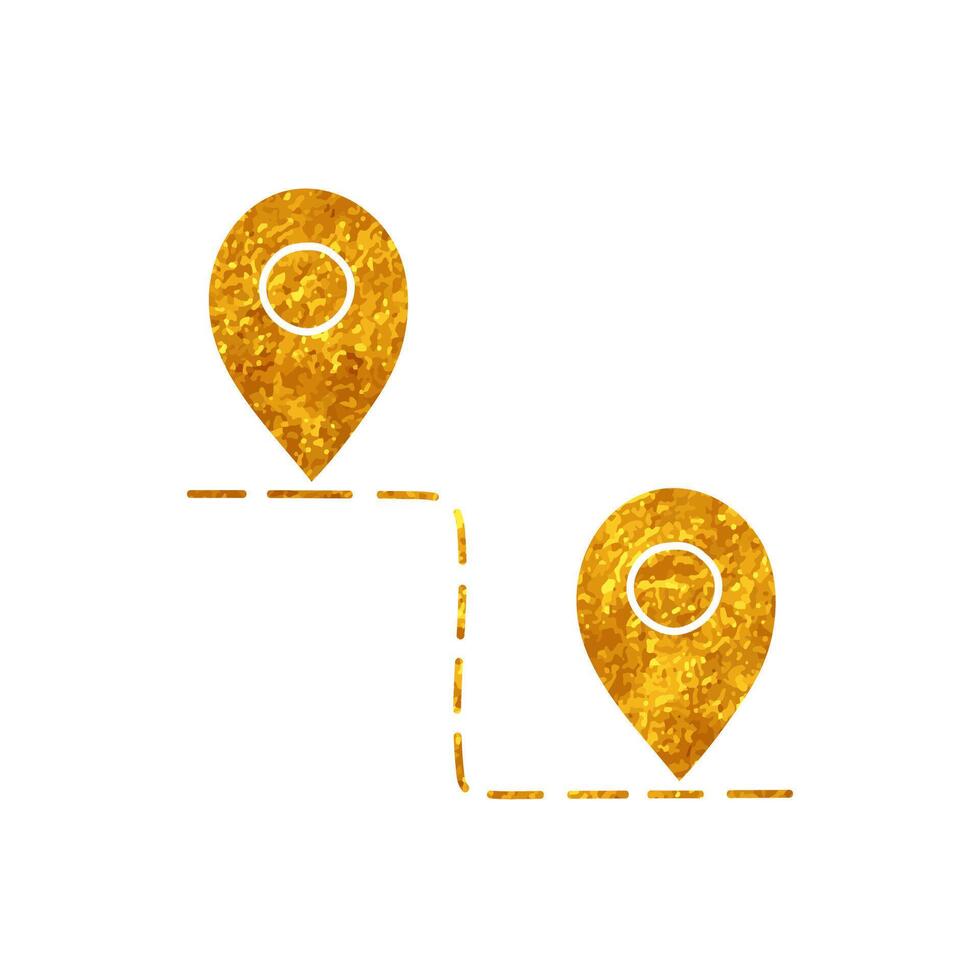 drawing in realistic gold color style map pin route icon with dashed line vector