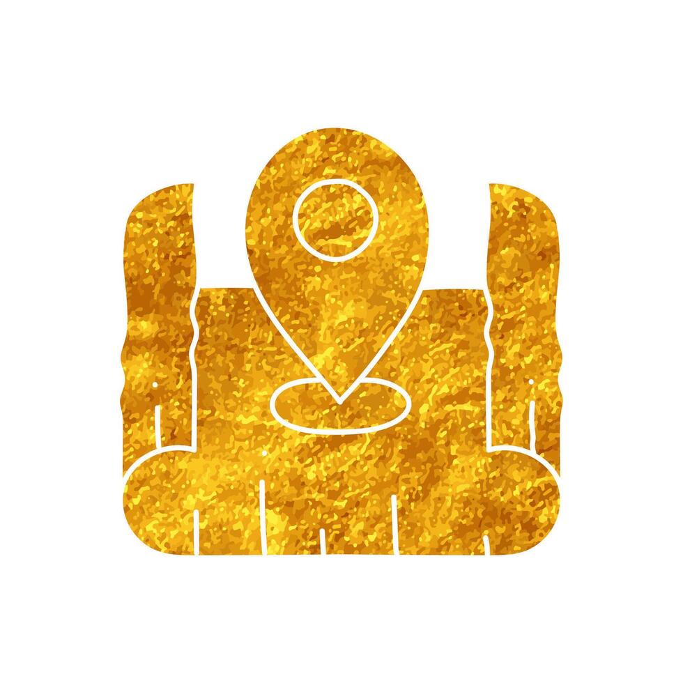 drawing in realistic gold color style map pin on curled paper icon vector