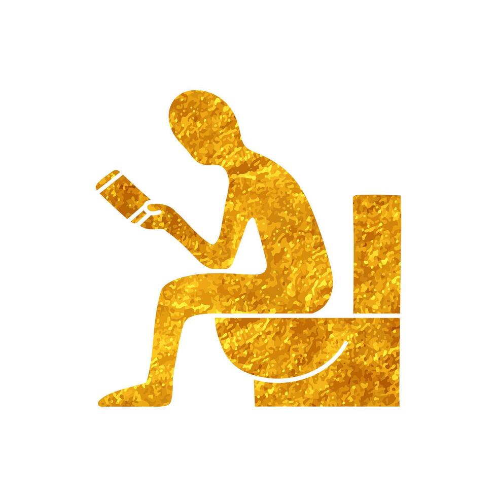 Man sitting in toilet and holding smart phone drawing in realistic gold color style vector