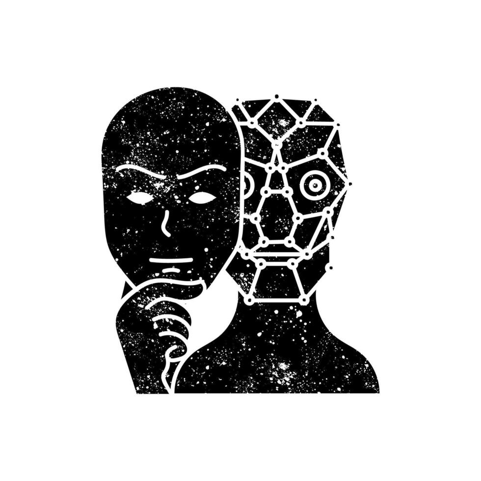Deep fake concept robot wearing human face mask black hand drawn icon in grunge look vector