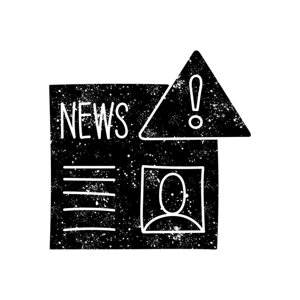 Fake news icon news paper with warning sign black hand drawn icon in grunge look vector