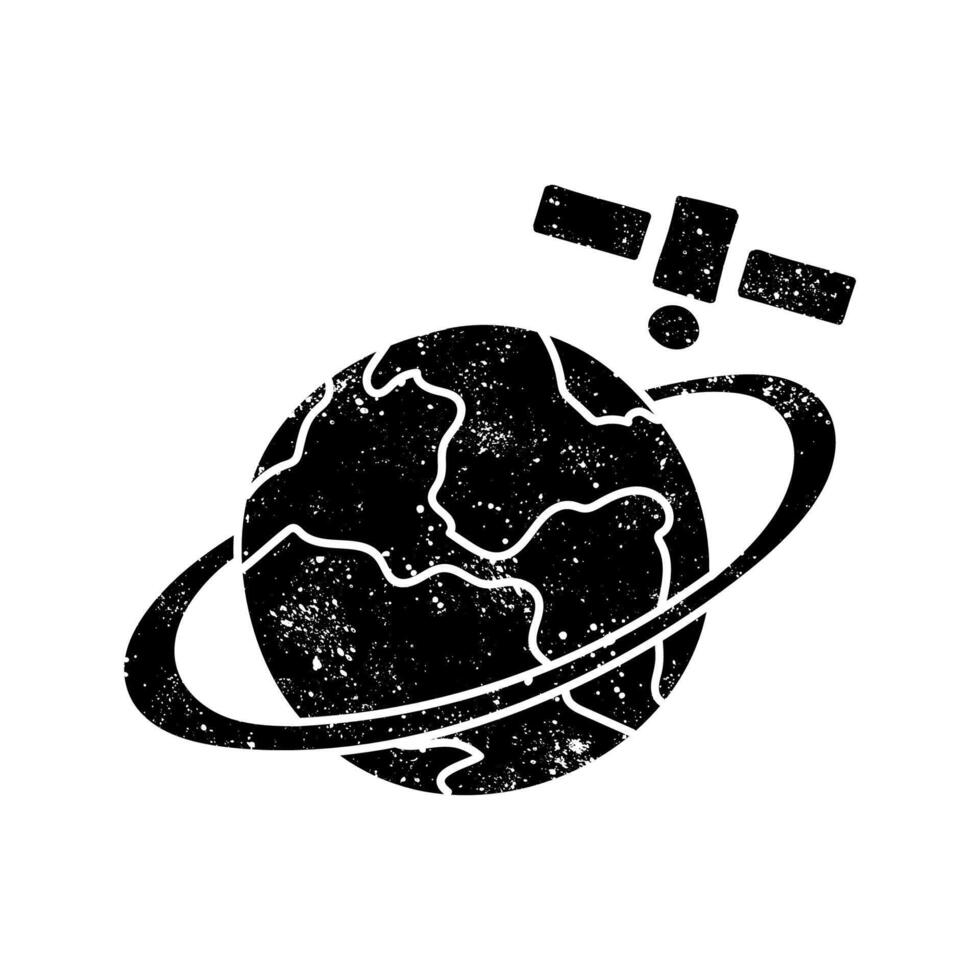 Satellite orbiting earth black hand drawn icon in grunge look vector