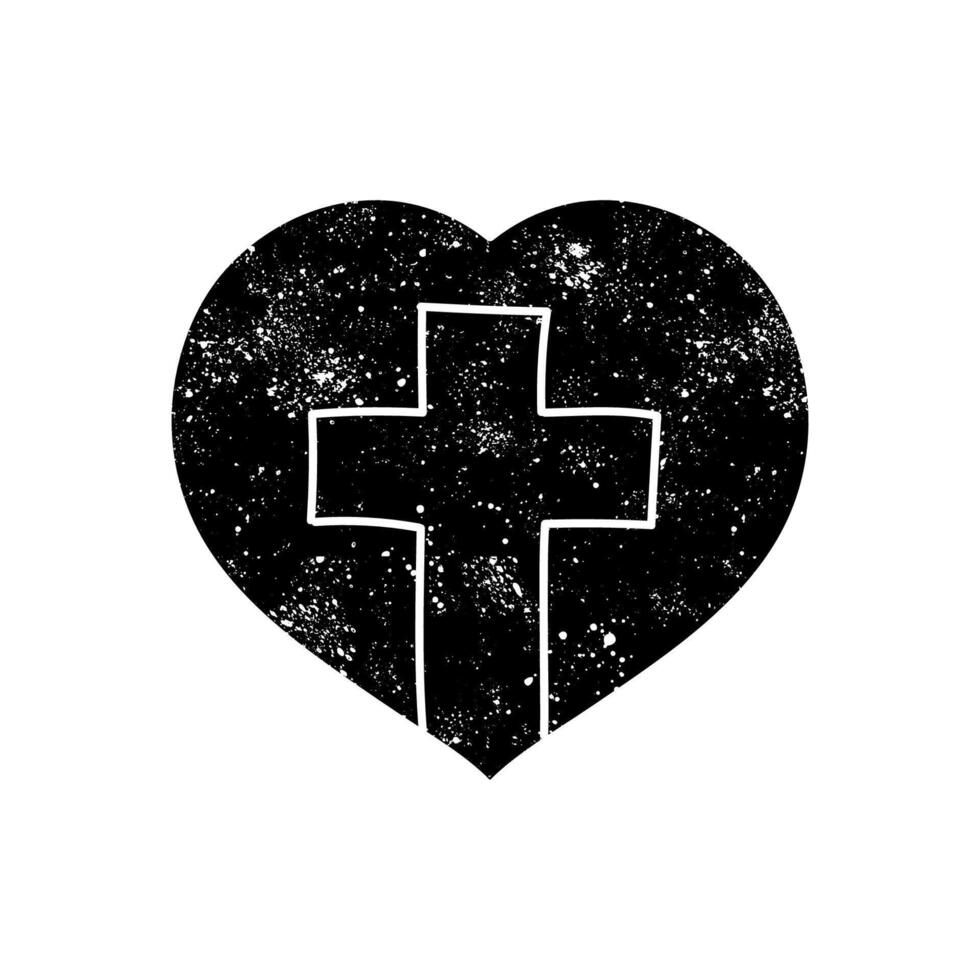Christian cross inside heart shape black hand drawn icon in grunge look vector