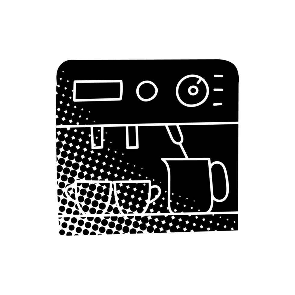 coffee machine icon cup, portafilter, milk frother black hand drawn icon in halftone texture modern vector