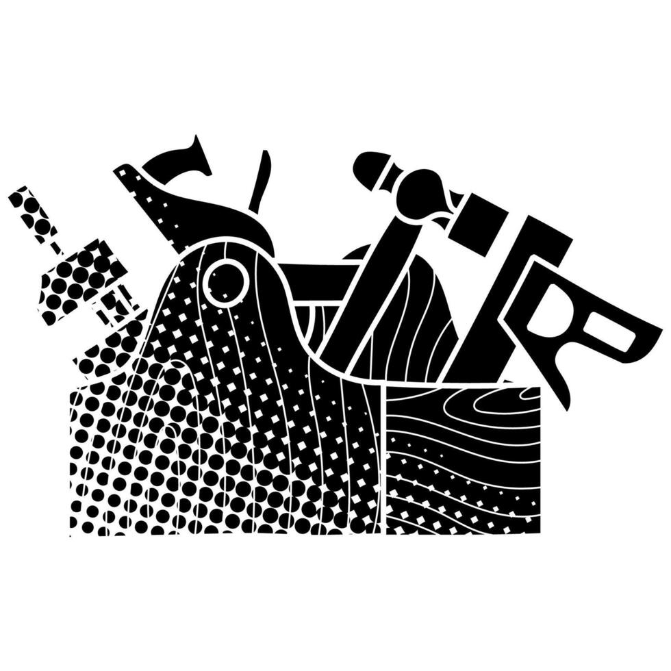 Tools in wooden toolbox black hand drawn icon in halftone texture style vector