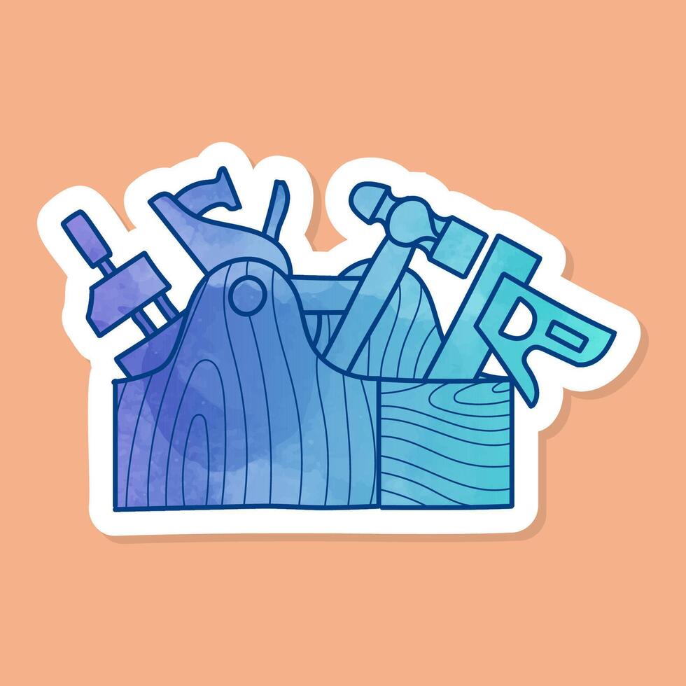 Tools in wooden toolbox color sticker vector