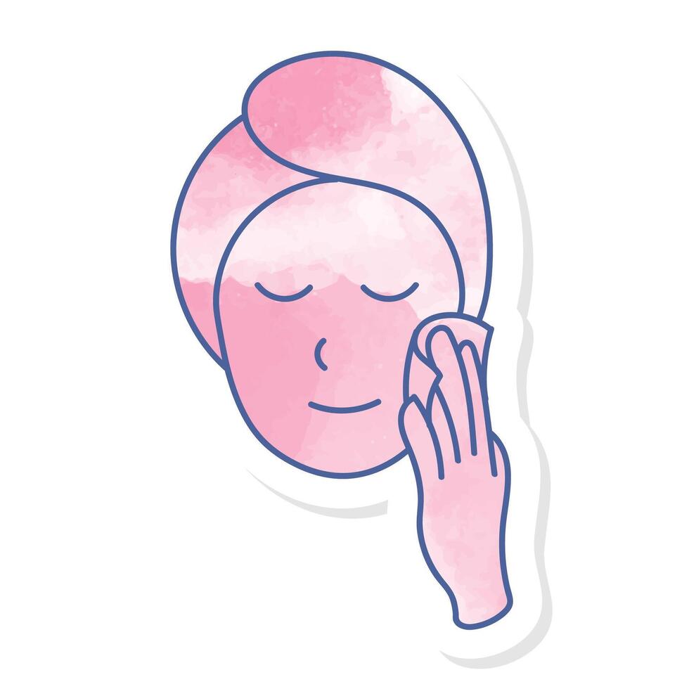 Woman applying facial treatment product pink watercolor sticker vector