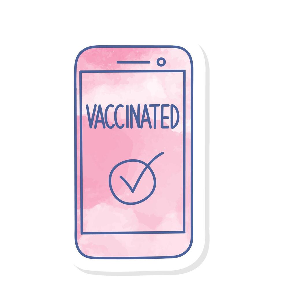 Digital covid 19 vaccine certificate icon in pink watercolor sticker vector