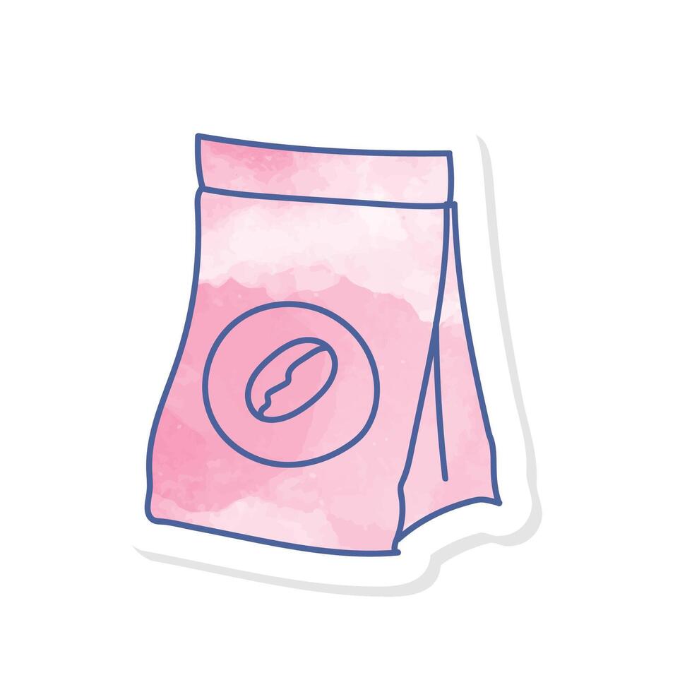 Coffee bean and packaging icon in pink watercolor sticker vector