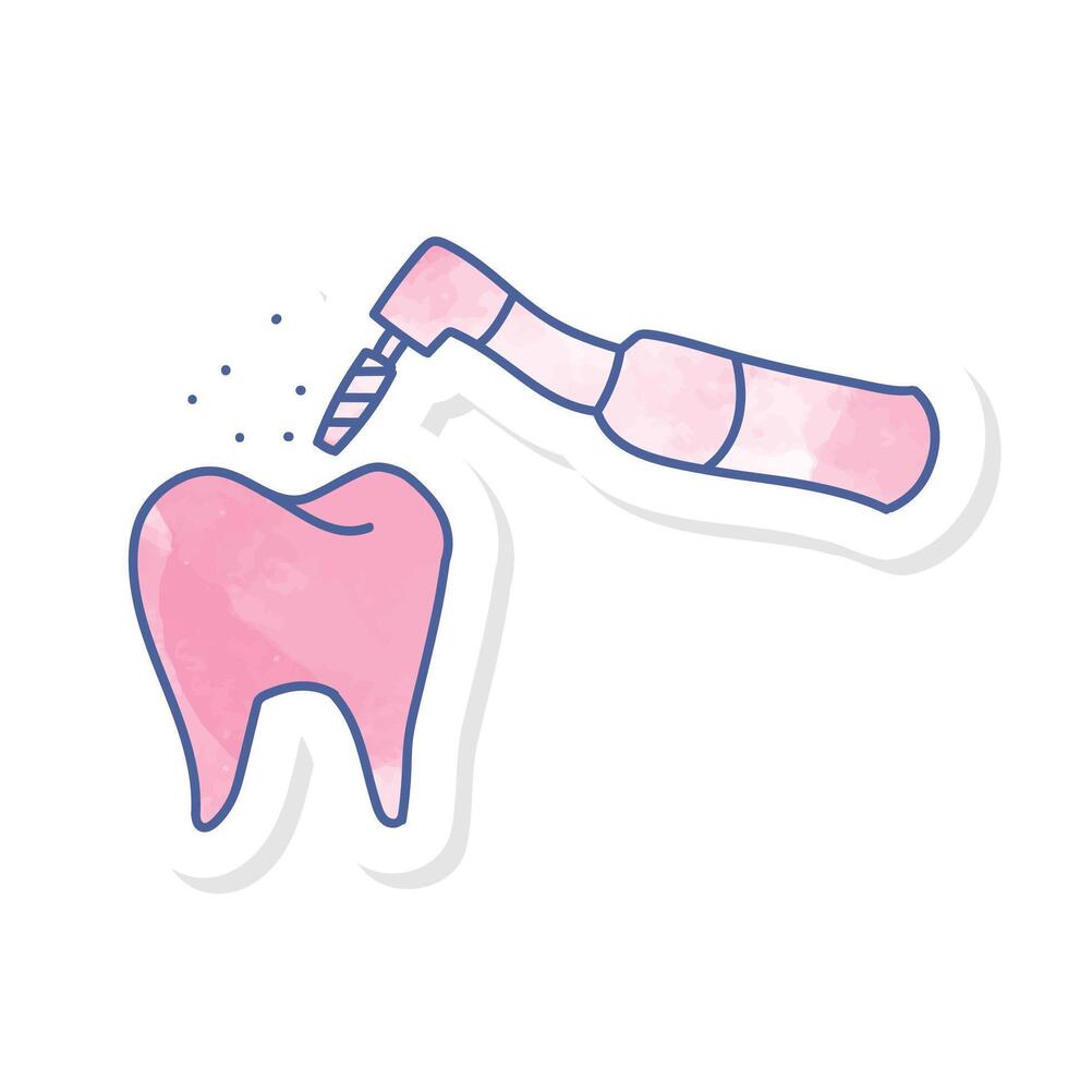 Dentist tooth drill icon in pink watercolor sticker vector