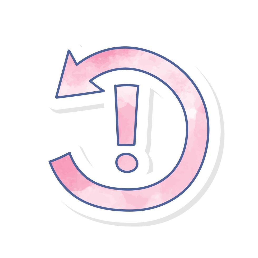Counterclockwise rotating arrow icon with exclamation mark pink watercolor sticker vector