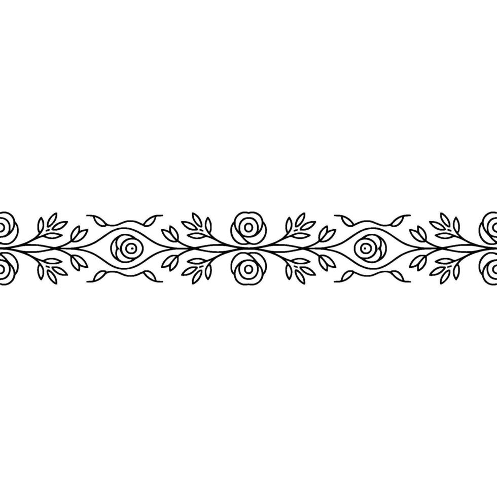 Elegant Floral Border With Roses And Leaves, Black Outline On White vector