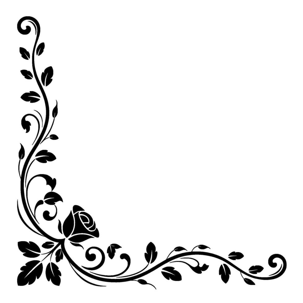 Elegant Corner Floral Rose, Leaves Vines In Black White vector