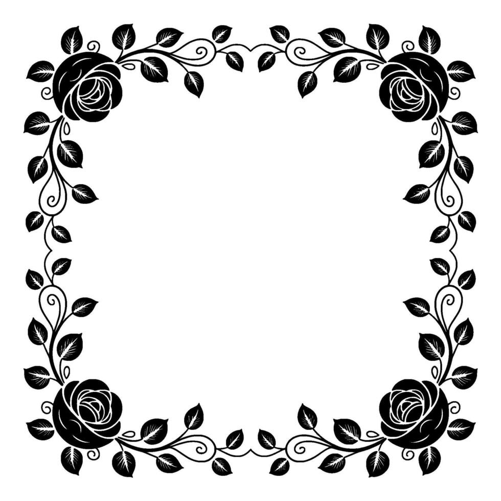 Elegant Black Rose Frame With Leaves Floral Illustration For vector