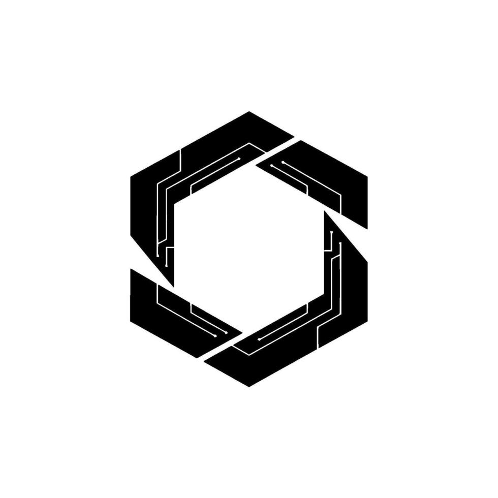 Abstract Tech Hexagon With Circuitry In Black And White vector