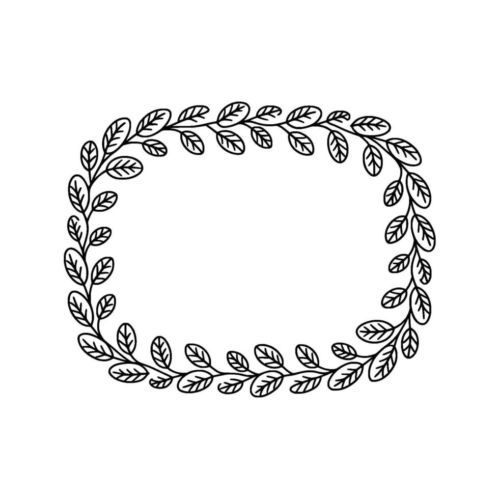 Simple Botanical Oval Frame, Minimalist Leafy Wreath, Black White vector