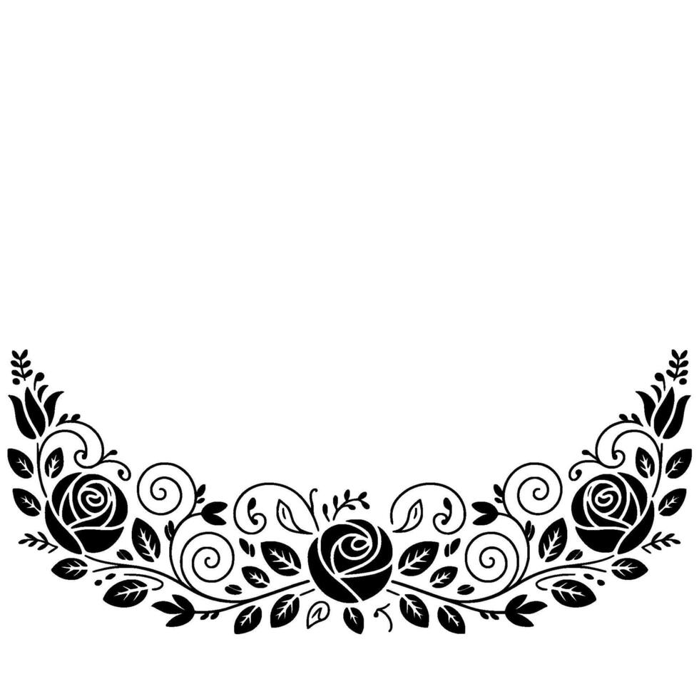 Elegant Floral Border With Roses, Black Silhouette, White Background vector
