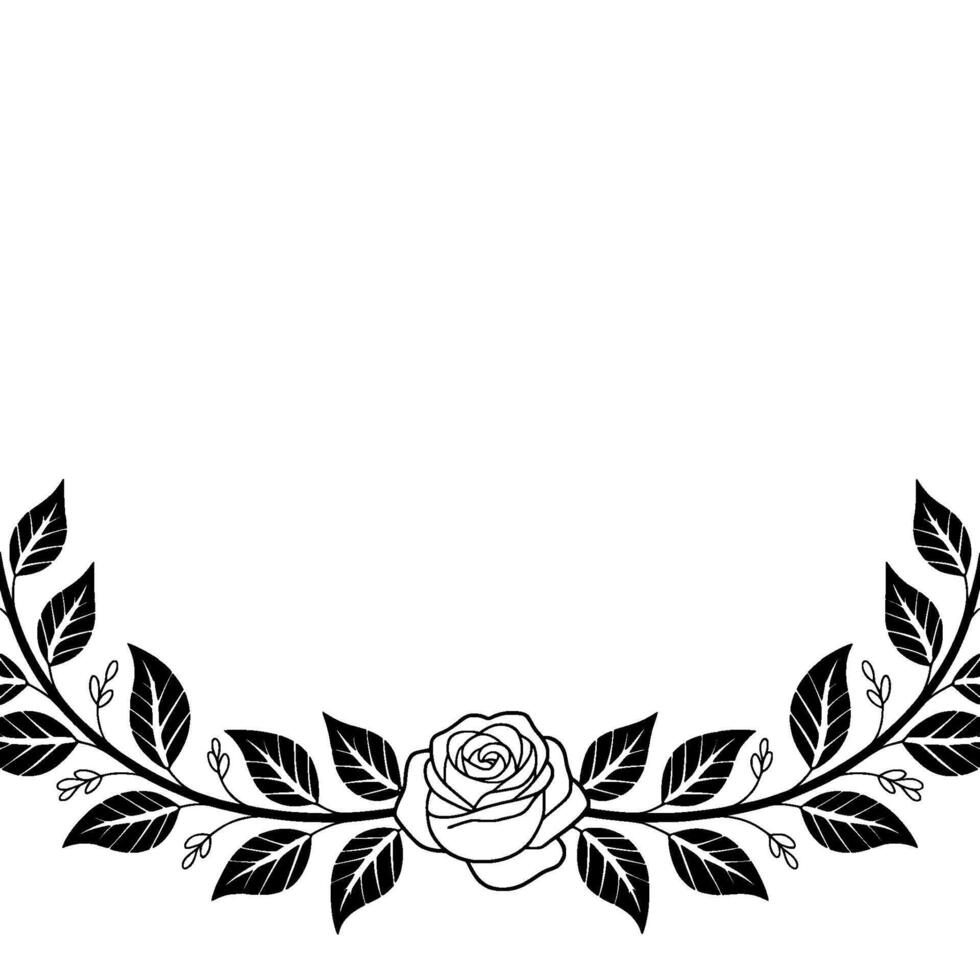 Elegant Black And White Rose And Leafy Border, Minimalist vector