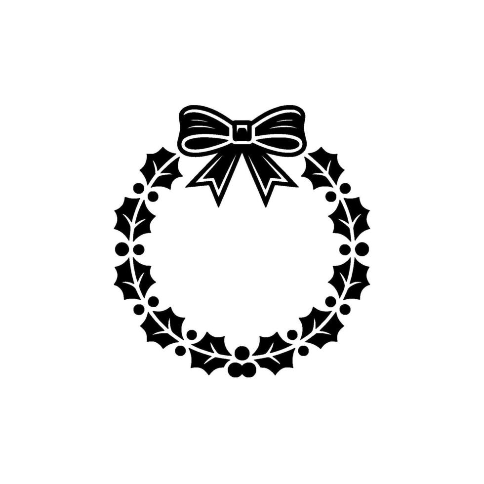 Minimalist Christmas Holly Wreath With Bow, Elegant Black White vector