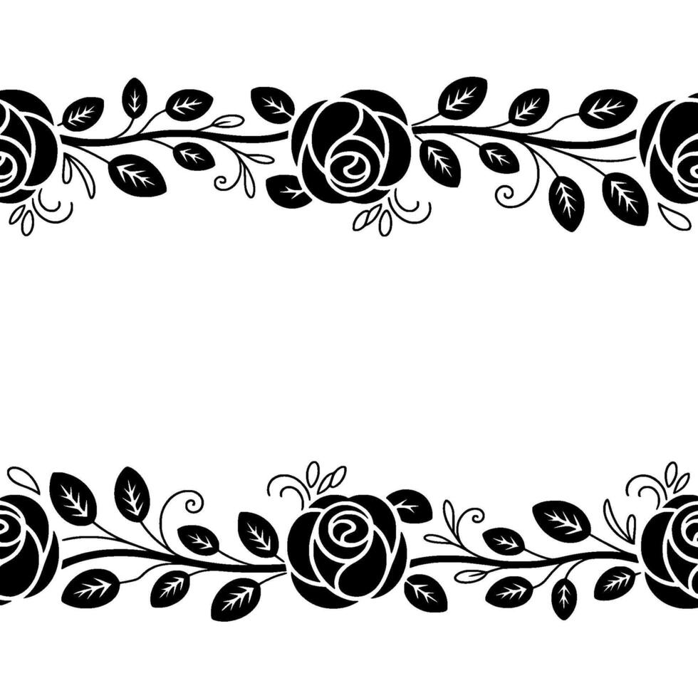 Elegant Black Rose Border On White Background - Decorative vector